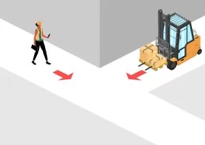 Forklift Safety. Blind Spot Hazard. Isometric Illustration With A Forklift And A Worker Just Before A Possible Accident. Vector.