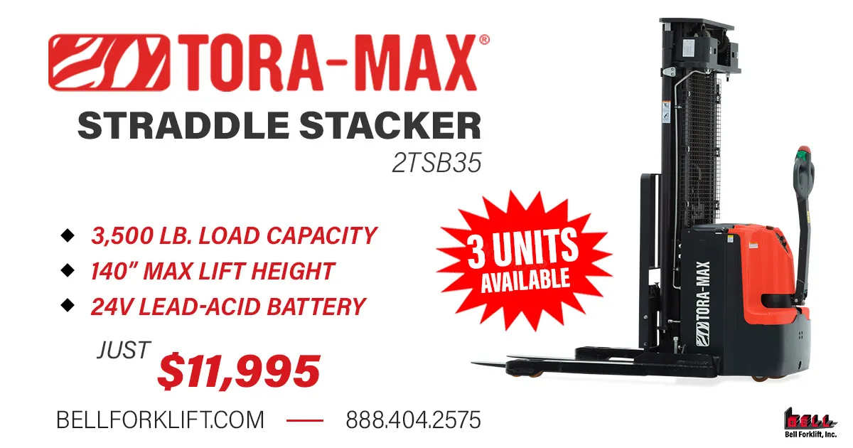 Toyota 2tsb35 1200x630 Blog Tora-Max 2TSB35 straddle stacker, 3,500 lb capacity, for sale at Bell Fork Lift